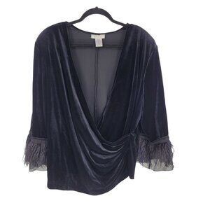 Jackie Jon womens 3X black velvet cross drape 3/4 sleeve feather fringe blouse